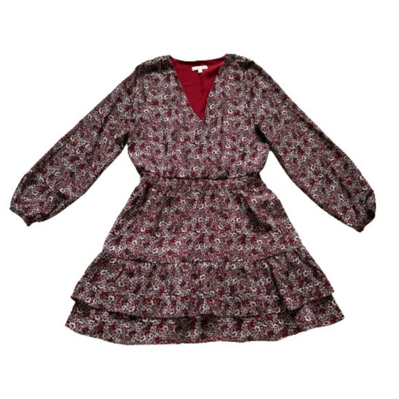 Nine Britton Dress Annika Red Burgundy Floral V-Neck Long Sleeve Tiered Large - Picture 13 of 13